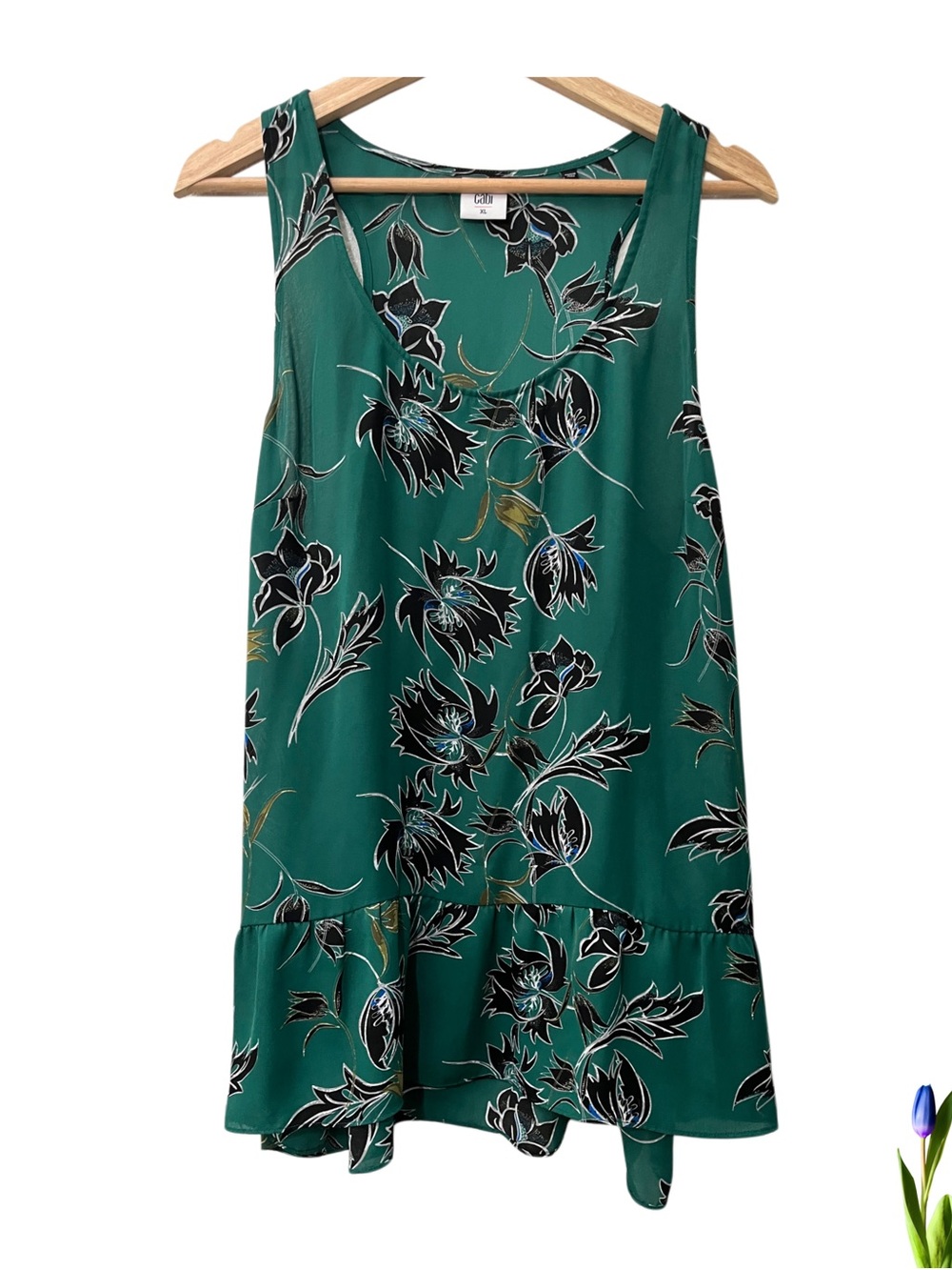CAbi Teal Floral Sleeveless Ruffle-Hem Blouse
